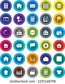White Solid Icon Set- calculator vector, flag, arrow up, dollar, document, equalizer, mail, stop button, browser, home, loading, house, buy, clothes