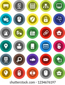 White Solid Icon Set- calculator vector, dollar cursor, map pin, video camera, mobile phone, network, browser, shield, lan connector, favorites, bench, hierarchy, document, attachment, lock, unlock