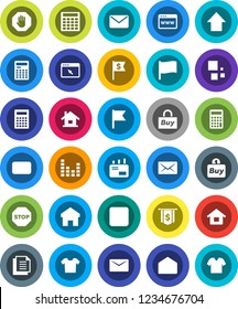 White Solid Icon Set- calculator vector, flag, arrow up, dollar, document, equalizer, mail, stop button, browser, home, loading, house, buy, clothes