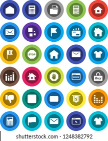 White Solid Icon Set- calculator vector, flag, dollar, document, equalizer, finger down, mail, stop button, browser, home, loading, house, buy, clothes
