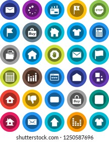White Solid Icon Set- calculator vector, flag, arrow up, dollar, document, equalizer, finger down, mail, stop button, browser, home, loading, house, buy, clothes
