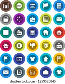White Solid Icon Set- calculator vector, flag, arrow up, dollar, document, equalizer, finger down, mail, stop button, browser, home, loading, house, buy, clothes