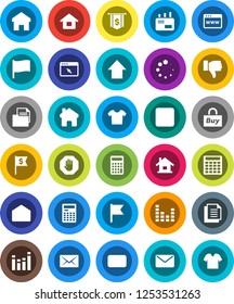 White Solid Icon Set- calculator vector, flag, arrow up, dollar, document, equalizer, finger down, mail, stop button, browser, home, loading, house, buy, clothes