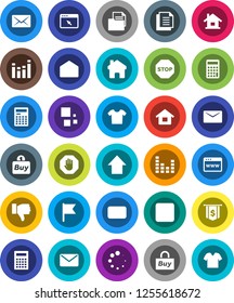 White Solid Icon Set- calculator vector, flag, arrow up, dollar, document, equalizer, finger down, mail, stop button, browser, home, loading, house, buy, clothes