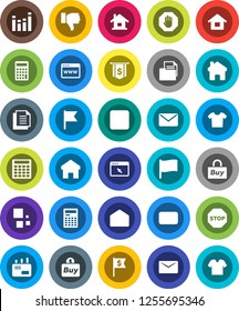 White Solid Icon Set- calculator vector, flag, dollar, document, equalizer, finger down, mail, stop button, browser, home, loading, house, buy, clothes