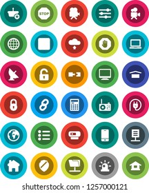 White Solid Icon Set- calculator vector, notebook pc, earth, dry cargo, satellite antenna, video camera, mobile phone, pause button, network folder, equalizer, shield, home, cloud upload, chain, web