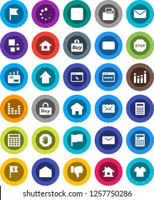 White Solid Icon Set- calculator vector, flag, arrow up, dollar, document, equalizer, finger down, mail, stop button, browser, home, loading, house, buy, clothes