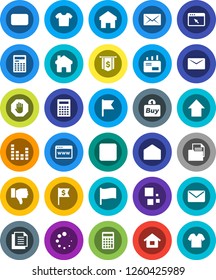 White Solid Icon Set- calculator vector, flag, arrow up, dollar, document, equalizer, finger down, mail, stop button, browser, home, loading, house, buy, clothes