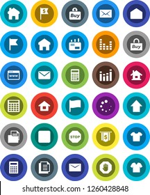 White Solid Icon Set- calculator vector, flag, arrow up, dollar, document, equalizer, mail, stop button, browser, home, loading, house, buy, clothes