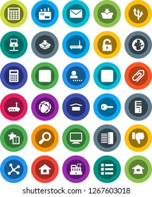 White Solid Icon Set- calculator vector, world, dry cargo, finger down, pause button, forward, connection, network, notebook, hub, router, favorites, route arrow, attachment, login, key, magnifier