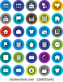 White Solid Icon Set- calculator vector, flag, arrow up, document, equalizer, finger down, mail, stop button, browser, home, loading, house, buy, clothes