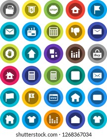 White Solid Icon Set- calculator vector, flag, arrow up, dollar, document, equalizer, finger down, mail, stop button, browser, home, loading, house, buy, clothes