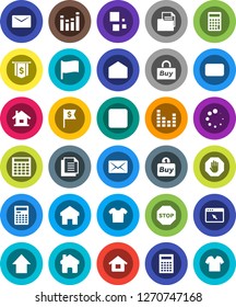 White Solid Icon Set- calculator vector, flag, arrow up, dollar, document, equalizer, mail, stop button, browser, home, loading, house, buy, clothes