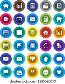 White Solid Icon Set- calculator vector, flag, arrow up, dollar, document, equalizer, finger down, mail, stop button, browser, home, loading, house, clothes
