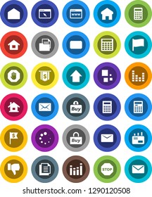 White Solid Icon Set- calculator vector, flag, arrow up, dollar, document, equalizer, finger down, mail, browser, home, loading, stop, house, buy
