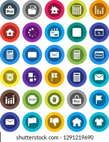 White Solid Icon Set- calculator vector, flag, dollar, document, equalizer, finger down, mail, stop button, browser, home, loading, house, buy, clothes