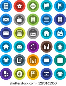 White Solid Icon Set- calculator vector, flag, arrow up, dollar, document, equalizer, mail, stop button, browser, home, loading, house, buy, clothes