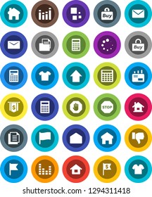 White Solid Icon Set- calculator vector, flag, arrow up, dollar, document, equalizer, finger down, mail, home, loading, stop, house, buy, clothes