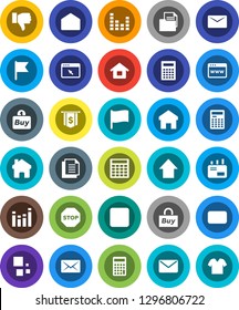 White Solid Icon Set- calculator vector, flag, arrow up, dollar, document, equalizer, finger down, mail, stop button, browser, home, loading, house, buy, clothes