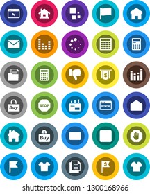 White Solid Icon Set- calculator vector, flag, dollar, document, equalizer, finger down, mail, stop button, browser, home, loading, house, buy, clothes
