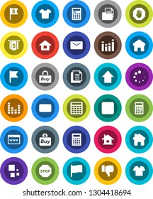 White Solid Icon Set- calculator vector, flag, arrow up, dollar, document, equalizer, finger down, mail, stop button, browser, home, loading, house, buy, clothes