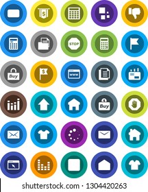 White Solid Icon Set- calculator vector, flag, arrow up, dollar, document, equalizer, finger down, mail, stop button, browser, home, loading, buy, clothes
