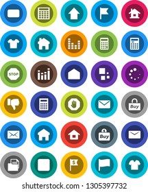White Solid Icon Set- calculator vector, flag, arrow up, dollar, document, equalizer, finger down, mail, stop button, home, loading, house, buy, clothes