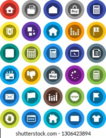 White Solid Icon Set- calculator vector, flag, dollar, document, equalizer, finger down, mail, stop button, browser, home, loading, house, buy, clothes