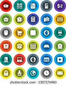 White Solid Icon Set- calculator vector, world, exchange, annual report, clock, earth, calendar, settings, video camera, play button, backward, notebook network, lock, cushioned furniture, fireplace