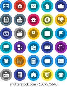 White Solid Icon Set- calculator vector, flag, arrow up, dollar, document, equalizer, finger down, mail, stop button, browser, home, loading, house, buy, clothes