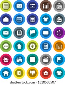 White Solid Icon Set- calculator vector, flag, arrow up, dollar, document, equalizer, finger down, mail, stop button, browser, home, loading, house, buy, clothes