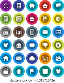 White Solid Icon Set- calculator vector, flag, arrow up, dollar, document, equalizer, finger down, mail, stop button, browser, home, loading, house, buy, clothes