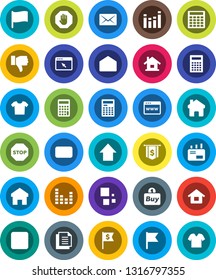 White Solid Icon Set- calculator vector, flag, arrow up, dollar, document, equalizer, finger down, mail, stop button, browser, home, loading, house, buy, clothes