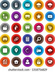 White Solid Icon Set- calculator vector, document, map pin, favorites, forward button, connection, cloud network, exchange, big data, usb modem, message, bench, upload, loading, mail, hierarchy, web