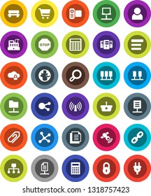 White Solid Icon Set- calculator vector, world, cart, document, satellitie, video camera, social media, network, server, notebook, folder, cloud lock, menu, bench, chain, hierarchy, attachment, user