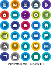 White Solid Icon Set- calculator vector, flag, arrow up, dollar, document, equalizer, finger down, mail, stop button, browser, home, loading, house, buy, clothes