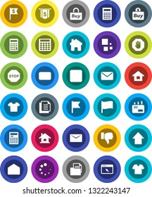 White Solid Icon Set- calculator vector, flag, arrow up, dollar, document, finger down, mail, stop button, browser, home, loading, house, buy, clothes