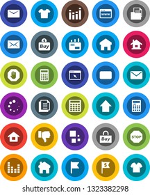 White Solid Icon Set- calculator vector, flag, arrow up, dollar, document, equalizer, finger down, mail, browser, home, loading, stop, house, buy, clothes