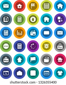 White Solid Icon Set- calculator vector, flag, arrow up, dollar, document, equalizer, mail, stop button, browser, home, loading, house, buy, clothes