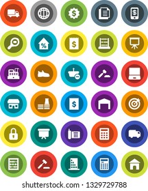 White Solid Icon Set- calculator vector, abacus, presentation, world, percent growth, auction, receipt, board, dollar medal, snickers, phone, delivery, document, cargo search, notebook pc, barn