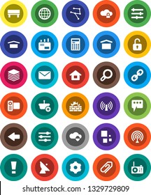 White Solid Icon Set- calculator vector, dry cargo, satellite antenna, video camera, link, network, cloud shield, lock, big data, gear, equalizer, firewall, message, bench, arrow, loading, globe