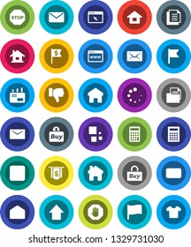 White Solid Icon Set- calculator vector, flag, arrow up, dollar, document, finger down, mail, stop button, browser, home, loading, house, buy, clothes