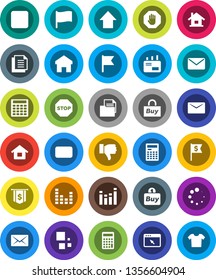 White Solid Icon Set- calculator vector, flag, arrow up, dollar, document, equalizer, finger down, mail, stop button, browser, home, loading, house, buy, clothes