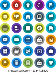 White Solid Icon Set- calculator vector, flag, arrow up, dollar, document, equalizer, finger down, mail, stop button, browser, home, loading, house, buy, clothes