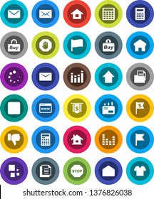 White Solid Icon Set- calculator vector, flag, arrow up, dollar, document, equalizer, finger down, mail, stop button, browser, home, loading, house, buy, clothes