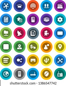 White Solid Icon Set- calculator vector, dollar cursor, earth, map pin, document, dry cargo, satellite antenna, video camera, speaking man, social media, mail, forward button, network, server, gear