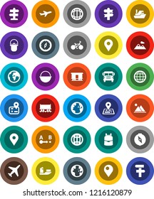 White Solid Icon Set- camping cauldron vector, backpack, compass, school bus, world, bike, signpost, navigator, earth, map pin, Railway carriage, plane, ship, route, globe, mountain