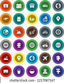 White Solid Icon Set- camping cauldron vector, backpack, compass, school bus, world, bike, signpost, navigator, earth, map pin, Railway carriage, plane, ship, route, globe, mountain