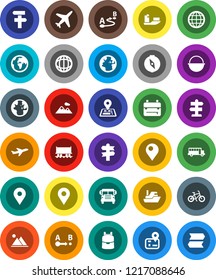 White Solid Icon Set- camping cauldron vector, backpack, compass, school bus, world, bike, signpost, navigator, earth, map pin, Railway carriage, plane, ship, route, globe, mountain