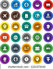 White Solid Icon Set- camping cauldron vector, backpack, compass, school bus, world, bike, signpost, navigator, earth, map pin, Railway carriage, plane, ship, route, globe